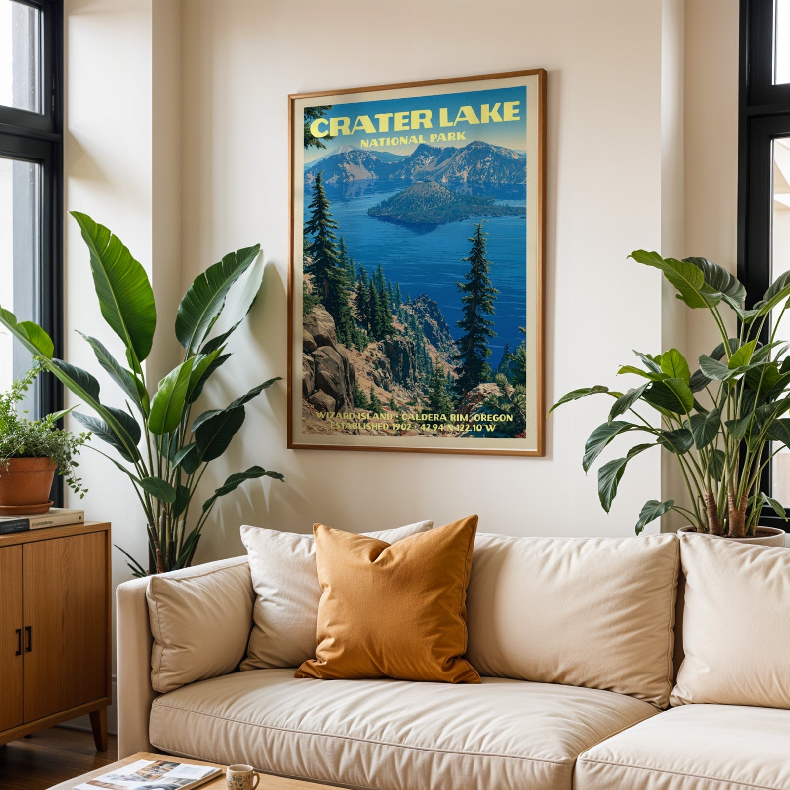 Crater Lake vintage travel print in oak above a cream sofa with a rust cushion and tall houseplants