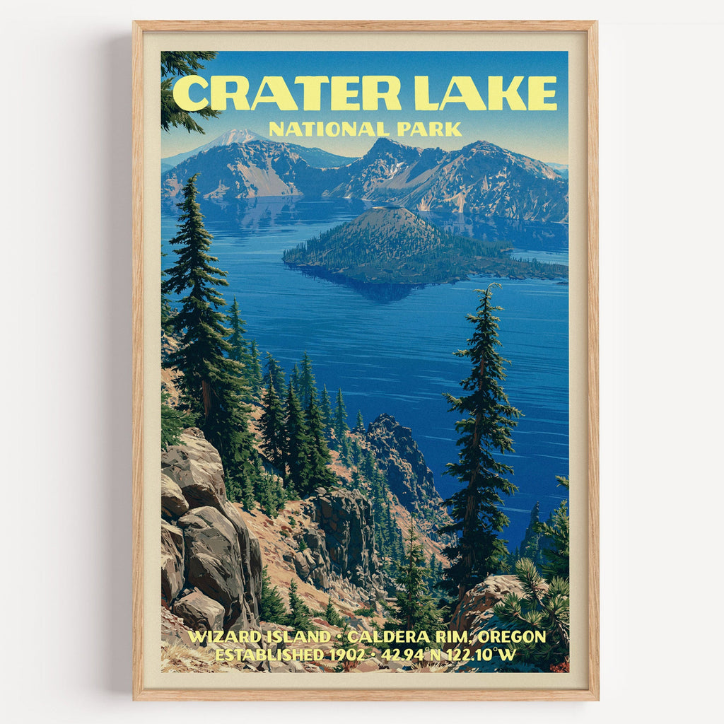 Wizard Island Crater Lake National Park vintage poster in a light oak frame on a plain white wall