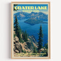 Wizard Island Crater Lake National Park vintage poster in a light oak frame on a plain white wall