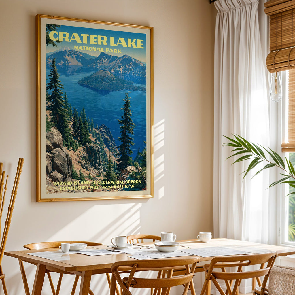 Crater Lake National Park print in gold above a light oak dining table by a curtained window