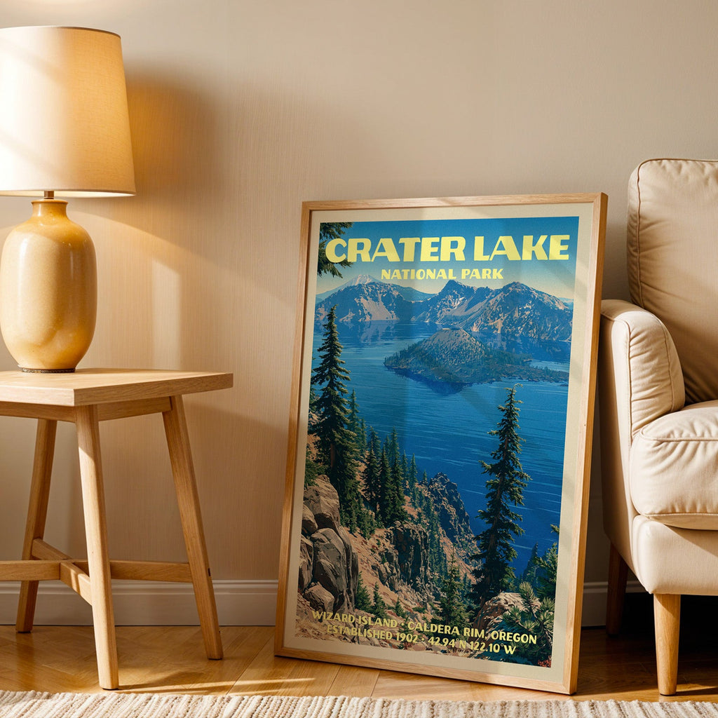 Crater Lake Wizard Island wall art in oak, leaning by an armchair and a side table with an ochre lamp