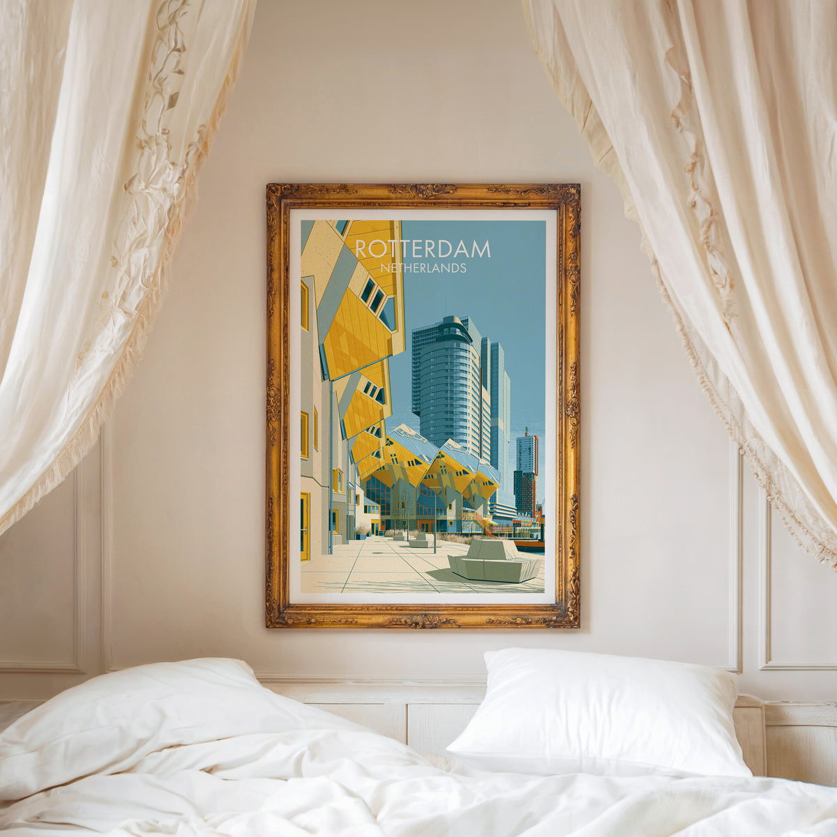 Cube Houses Rotterdam poster, ornate gold frame above a white bed with linen canopy curtains