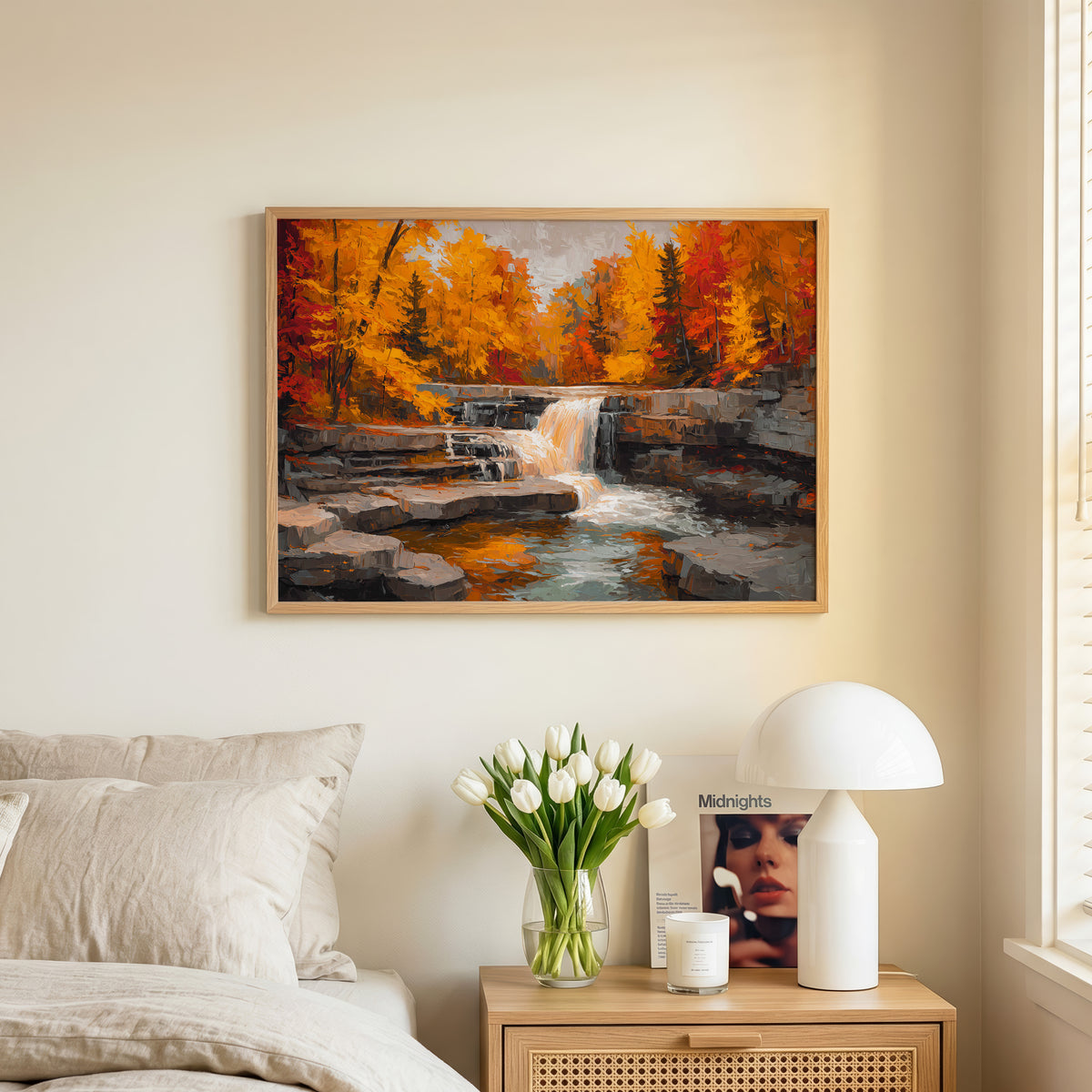Cuyahoga Valley oil painting print in an oak frame leaning against a wall beside books