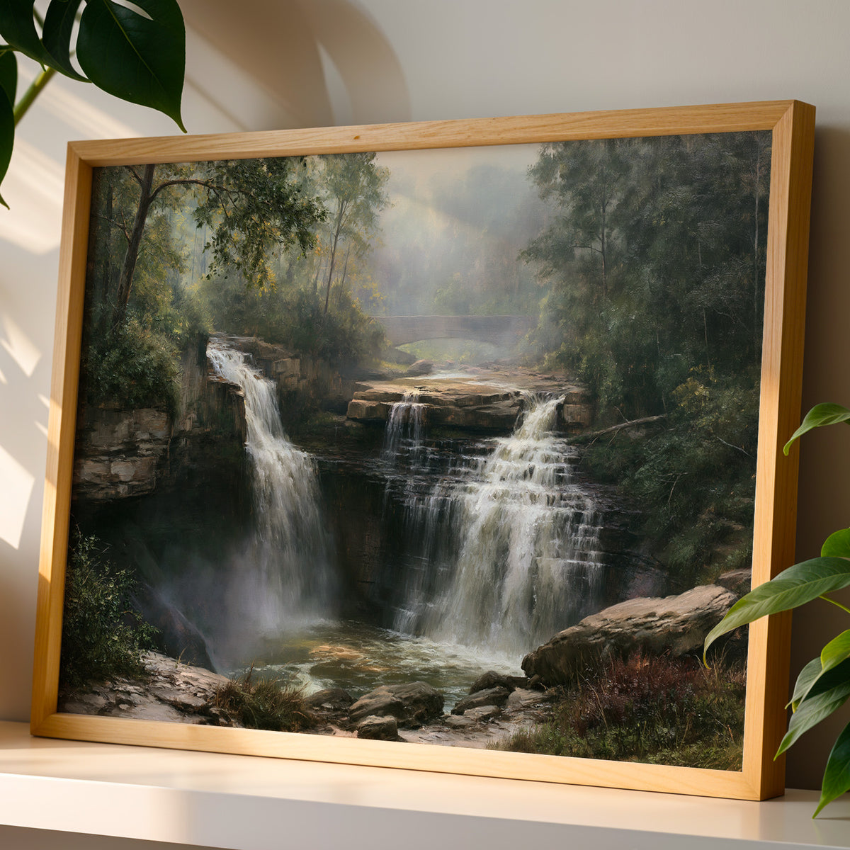 Close-up of the Cuyahoga Valley classical oil painting print in a wood frame in sunlight