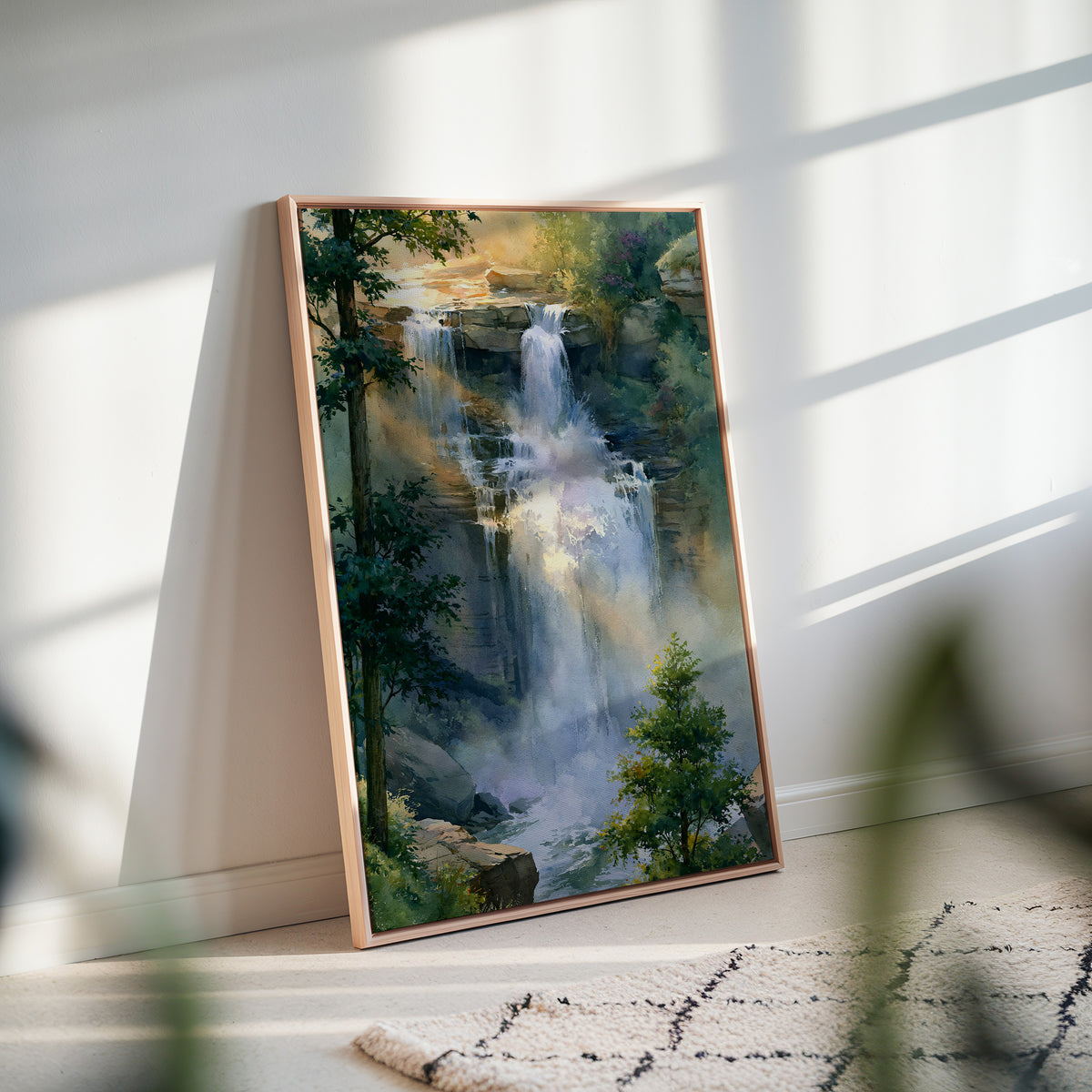 Cuyahoga Valley National Park watercolor framed canvas leaning against a white wall in soft afternoon window light