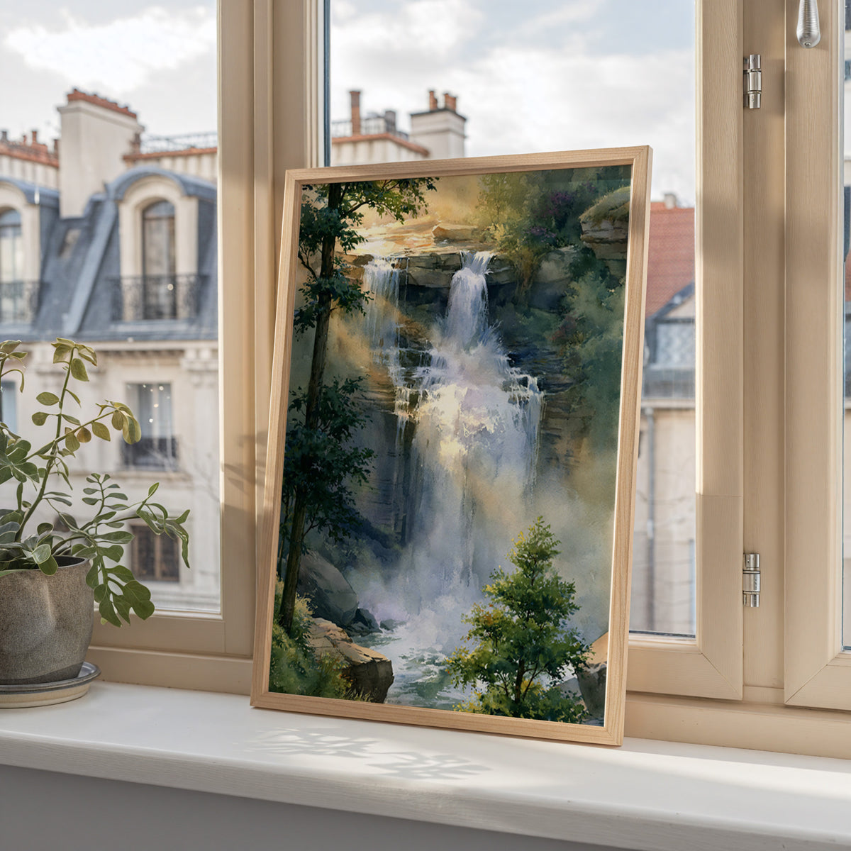 Cuyahoga Valley National Park watercolor art print in a wood frame on a windowsill overlooking city rooftops