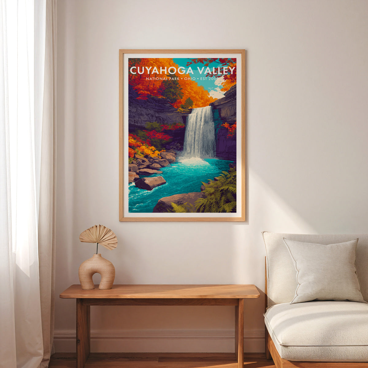 Cuyahoga Valley National Park mid-century modern art print framed above an entry bench with a linen cushion — entryway wall art