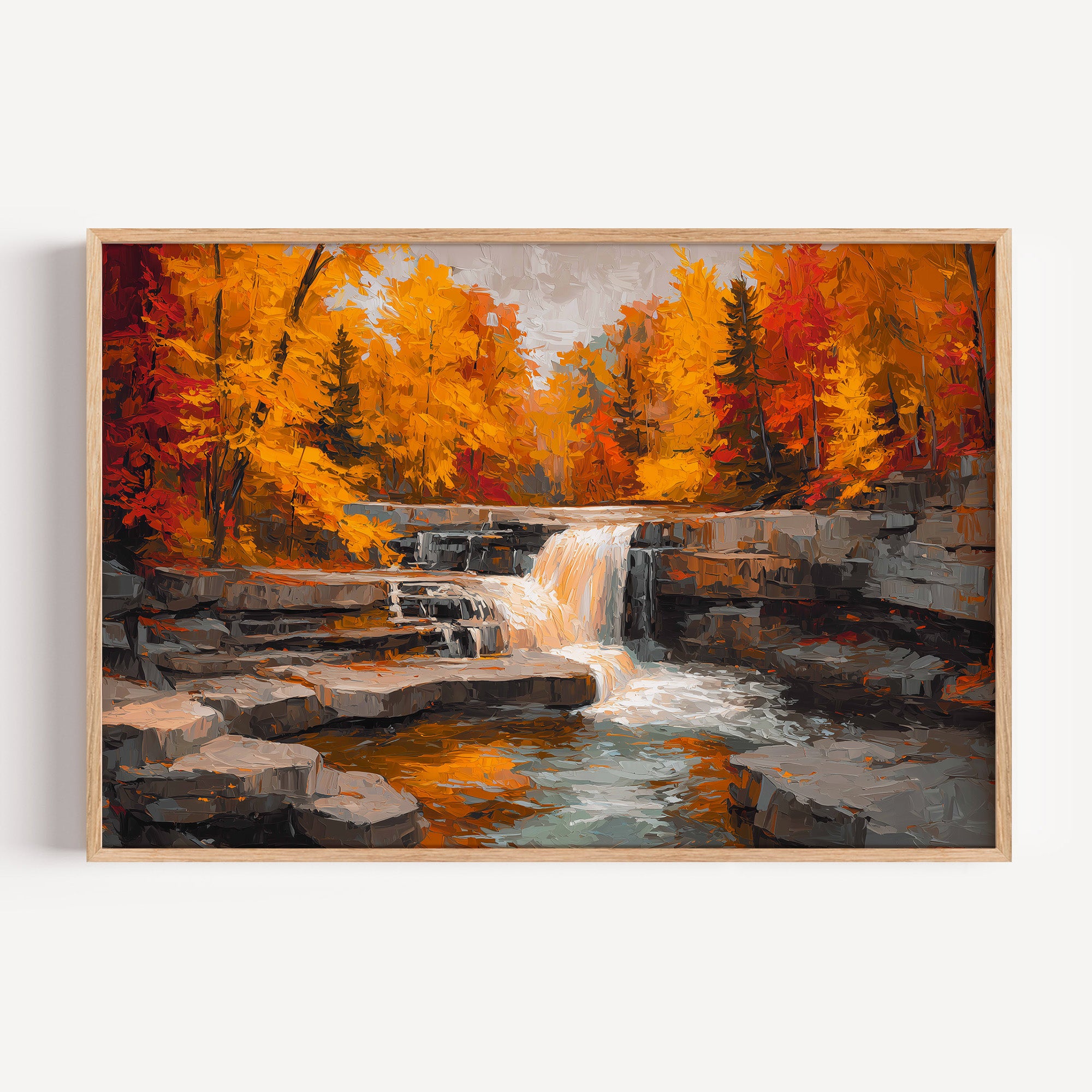 Cuyahoga Valley National Park oil painting print in a light oak frame: a waterfall in autumn color