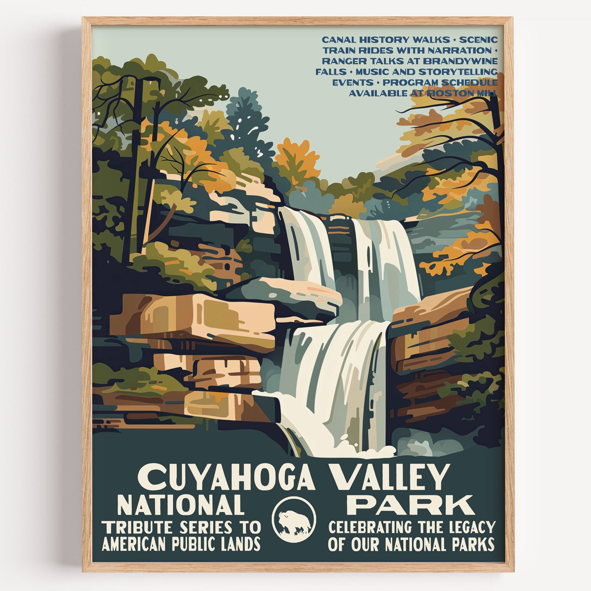 Cuyahoga Valley National Park wall art print in a thin wood frame, Brandywine Falls dropping through autumn woods