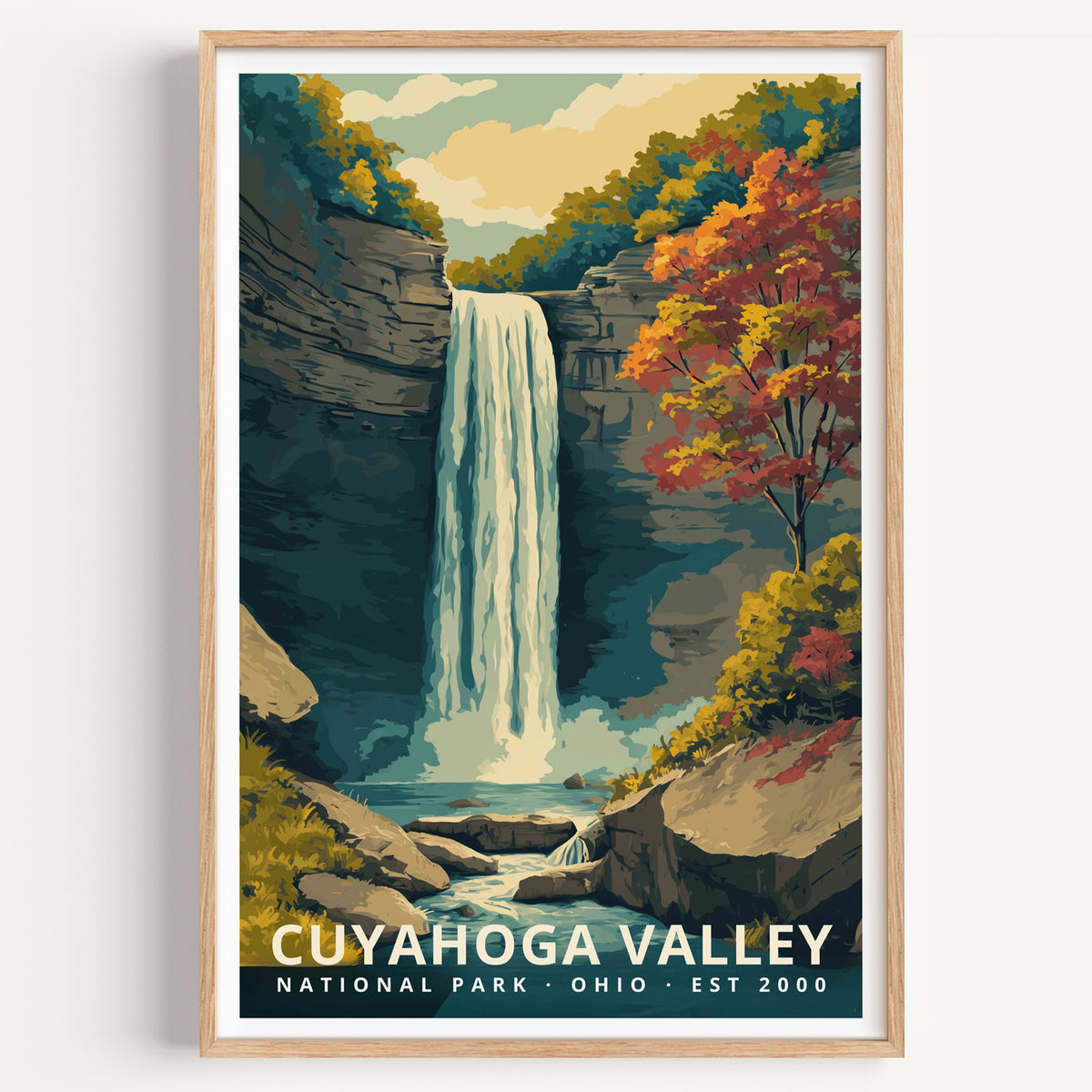 Cuyahoga Valley National Park retro travel poster — Brandywine Falls dropping through a sandstone gorge in autumn, Ohio