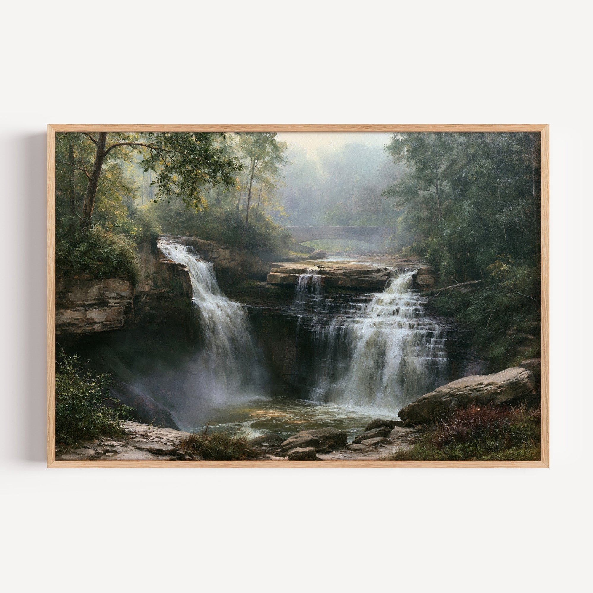 Cuyahoga Valley classical oil painting print in an oak frame: a twin waterfall in misty forest