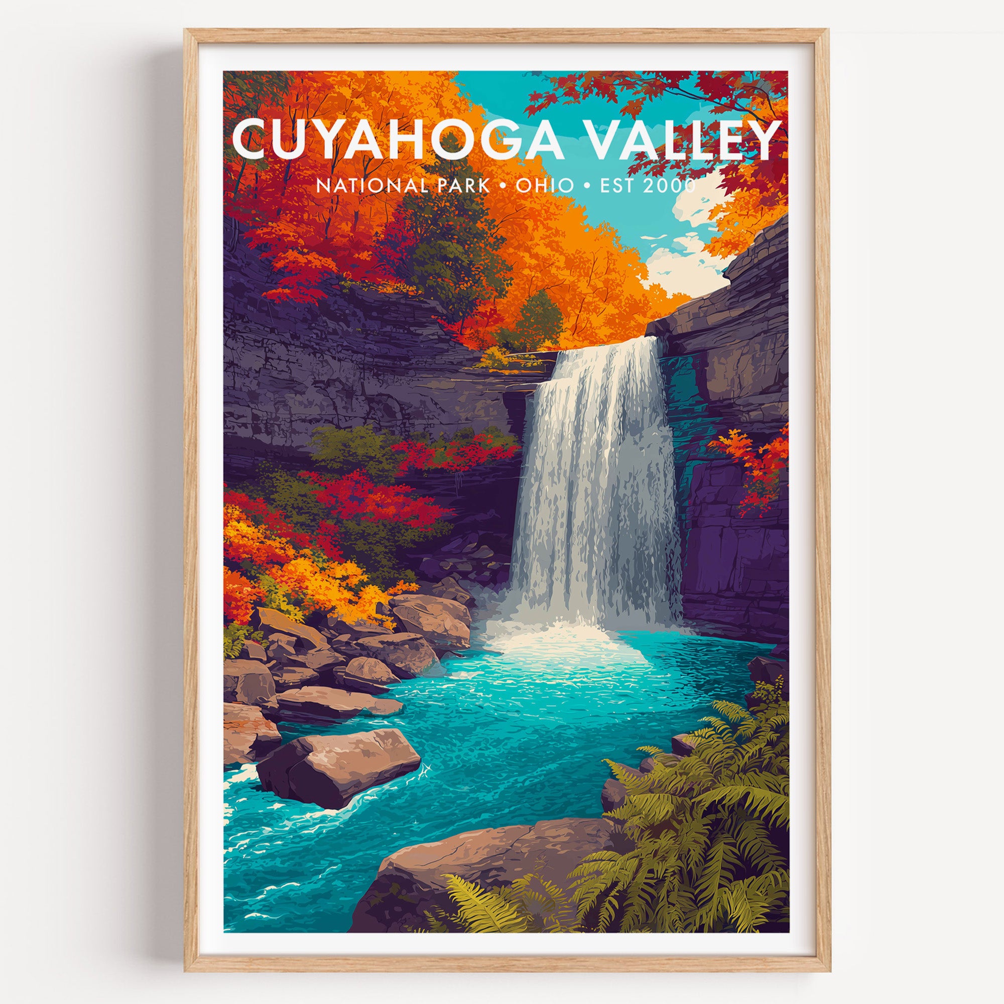Cuyahoga Valley National Park mid-century modern art print — Brandywine Falls pouring into a turquoise plunge pool