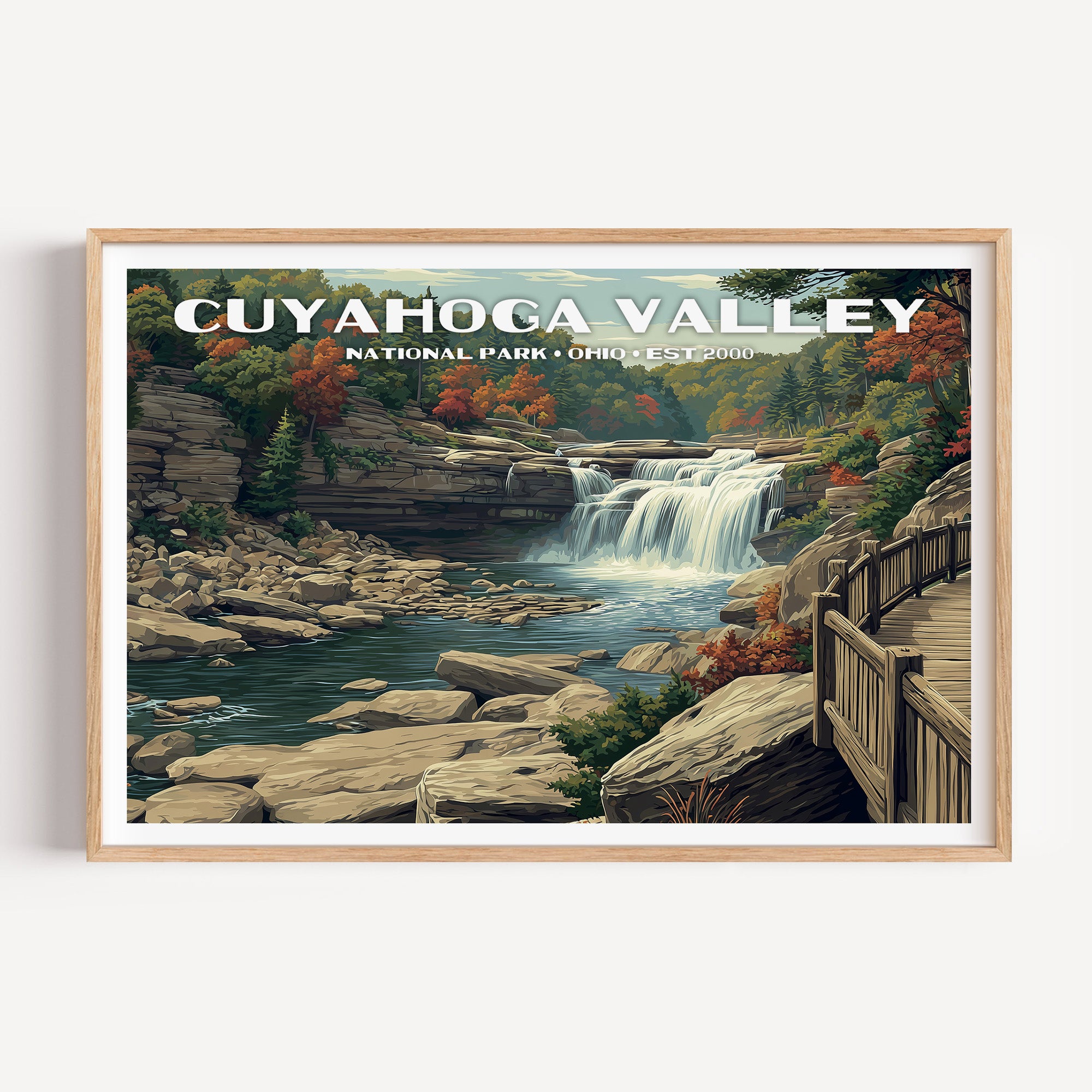 Brandywine Falls spilling over layered ledges among autumn trees and a boardwalk — Cuyahoga Valley National Park vintage WPA travel poster print