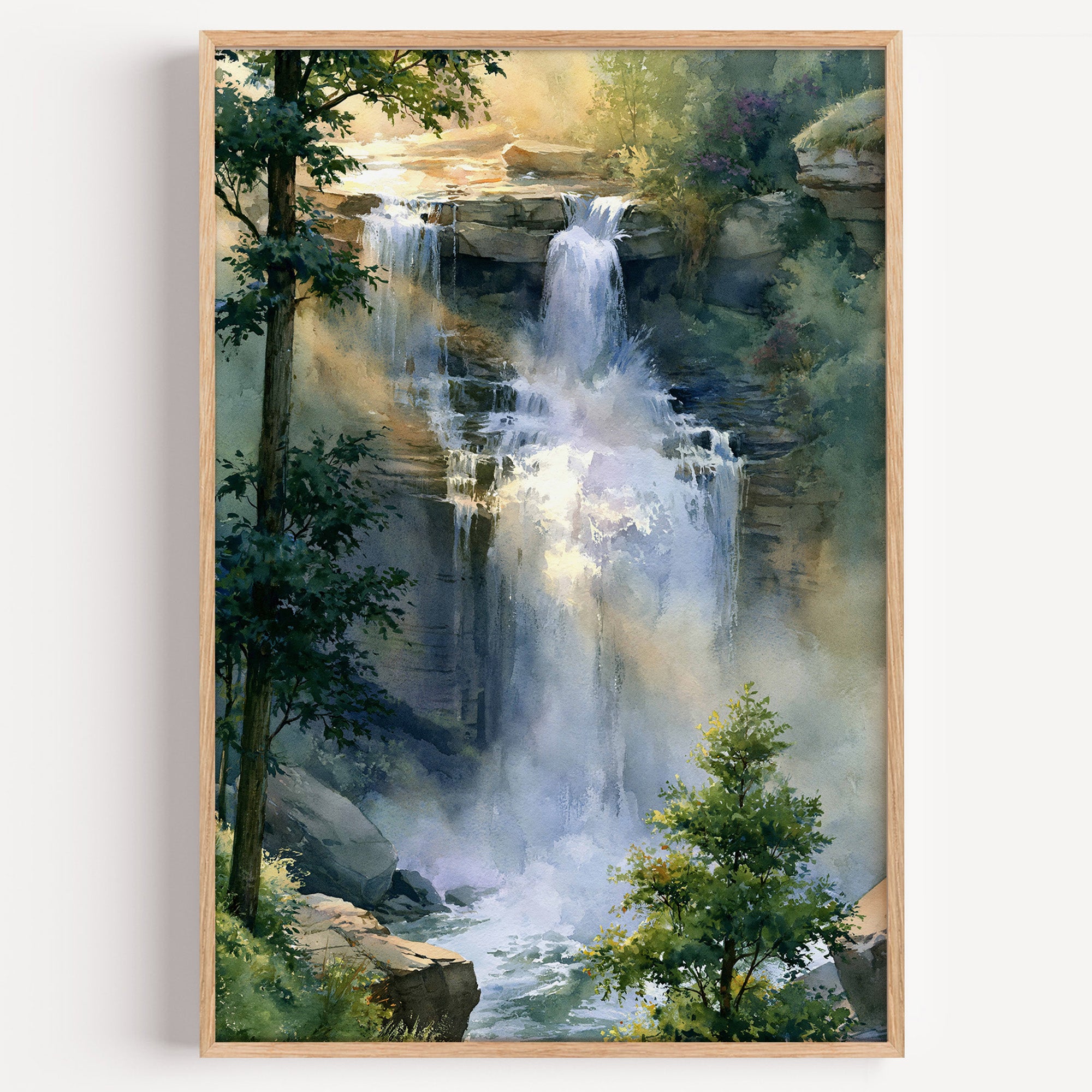 Cuyahoga Valley National Park watercolor art print: Brandywine Falls breaking into mist over layered shale ledges