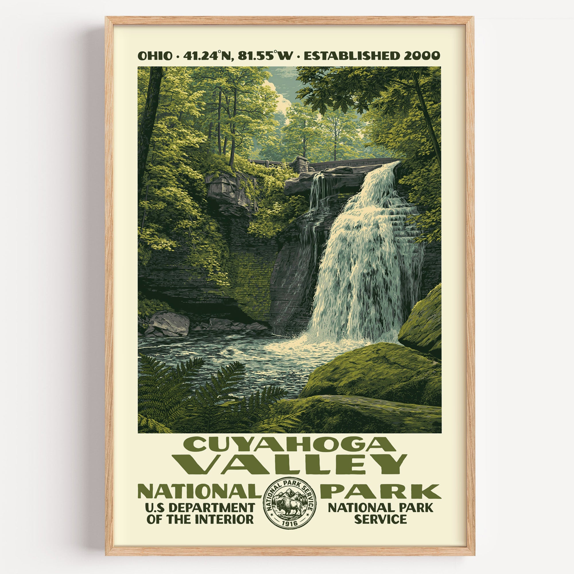 Cuyahoga Valley National Park vintage WPA poster in a wood frame, Brandywine Falls spilling through summer-green woods
