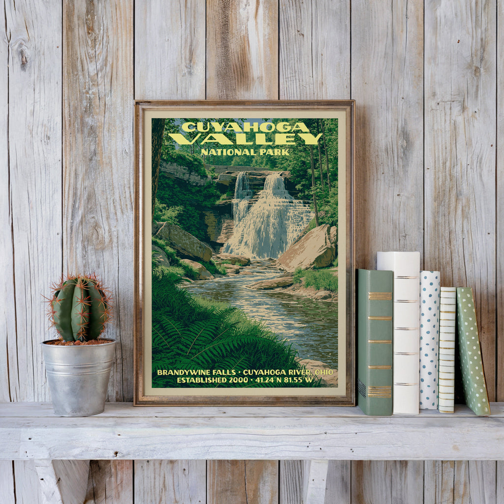 Cuyahoga Valley vintage poster in a slim gold frame on a whitewashed plank wall beside a cactus and pastel books