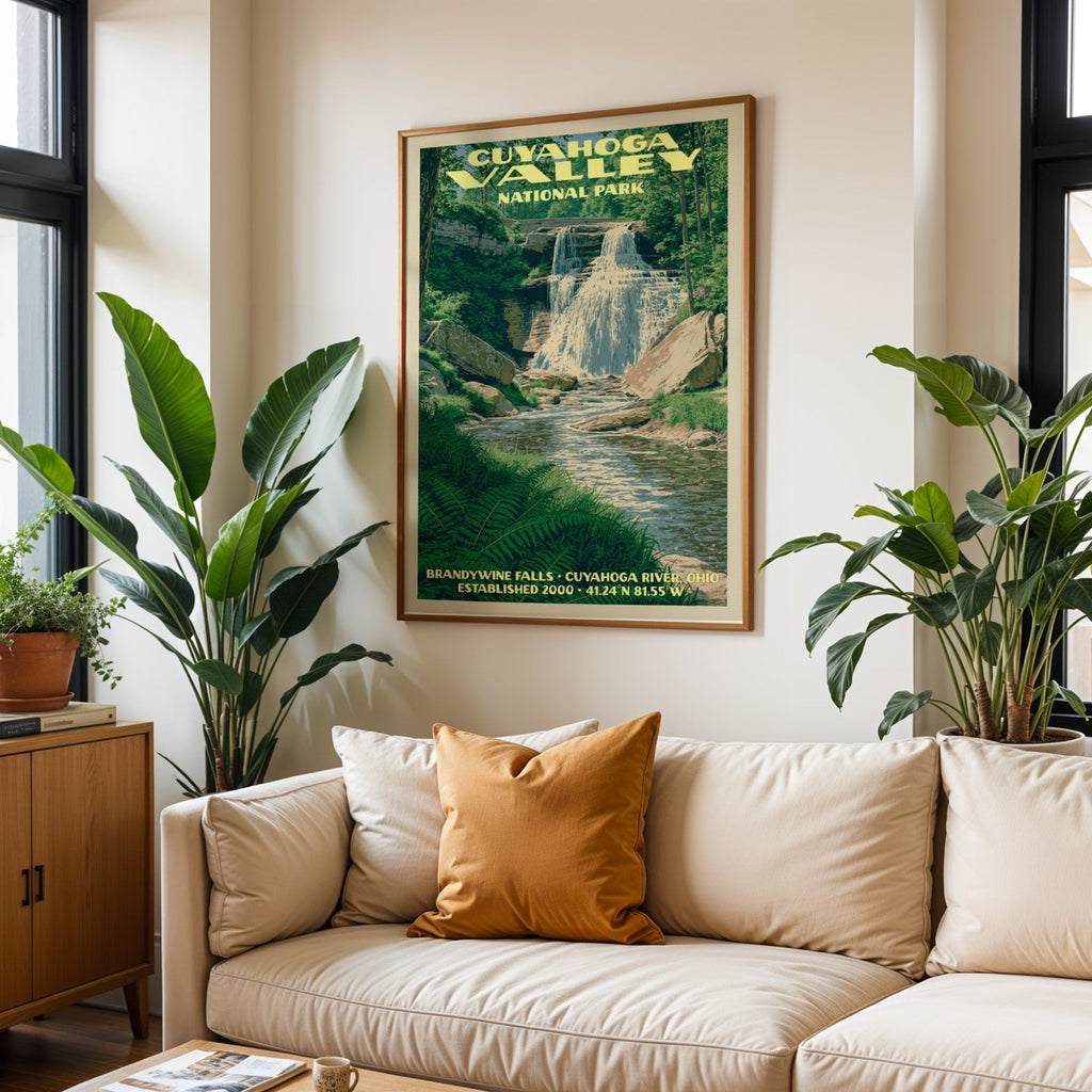Cuyahoga Valley vintage travel print in oak above a cream sofa with a rust cushion and tall houseplants