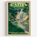 Brandywine Falls Cuyahoga Valley vintage poster in a light oak frame on a plain white wall