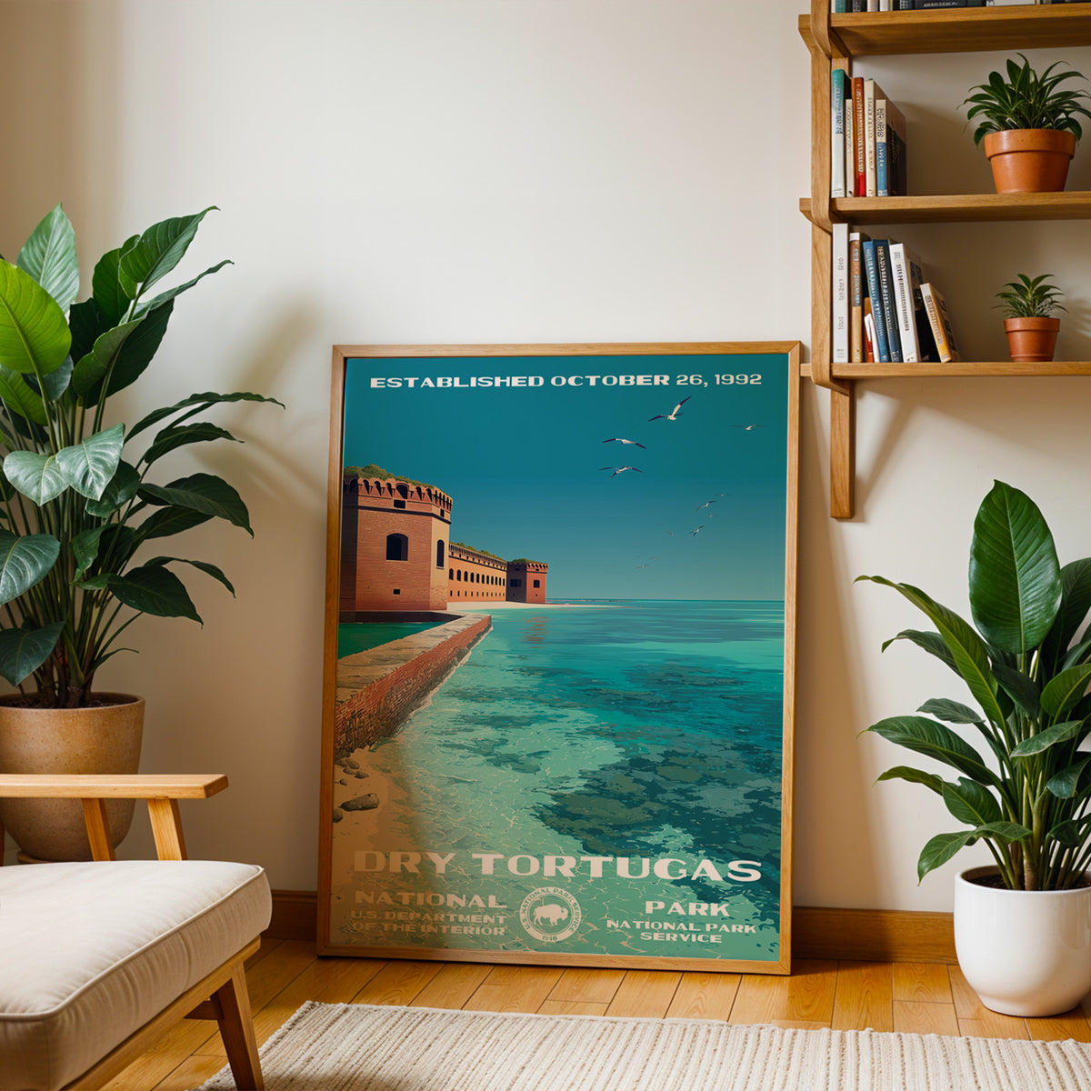 Dry Tortugas National Park vintage poster leaning on the floor beside a wooden shelf of books