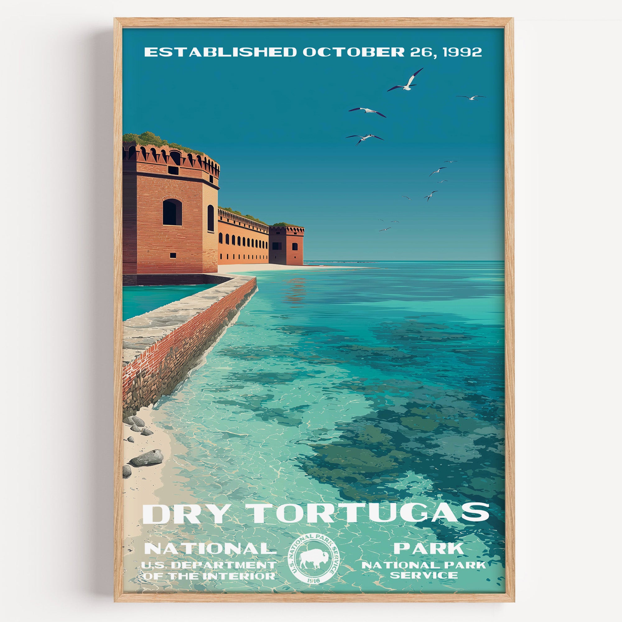 Dry Tortugas National Park vintage travel poster in a wood frame, the brick walls of Fort Jefferson beside a turquoise