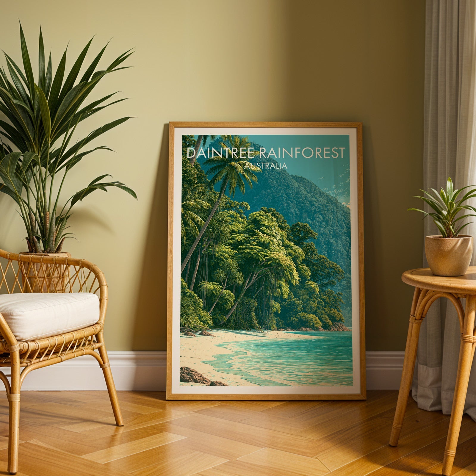 Leaning palms print in an oak frame on herringbone parquet with a rattan chair and olive wall