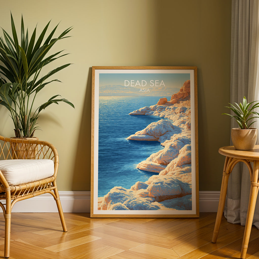 Large Dead Sea Middle East travel print in an oak frame leaning on a herringbone floor next to a rattan chair