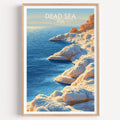Dead Sea Middle East travel poster in a natural wood frame, shown against a clean white wall