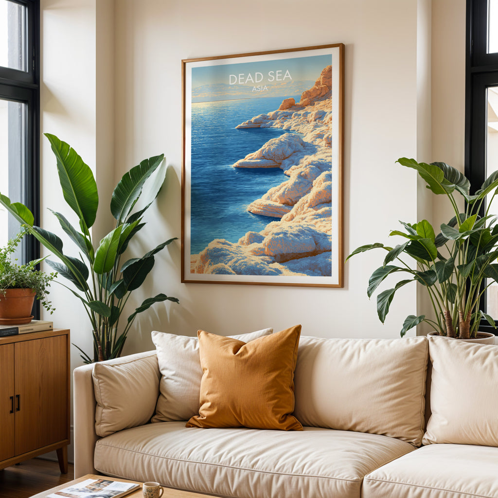 Framed Dead Sea Middle East wall art hanging above a cream sofa in a bright living room with tropical plants