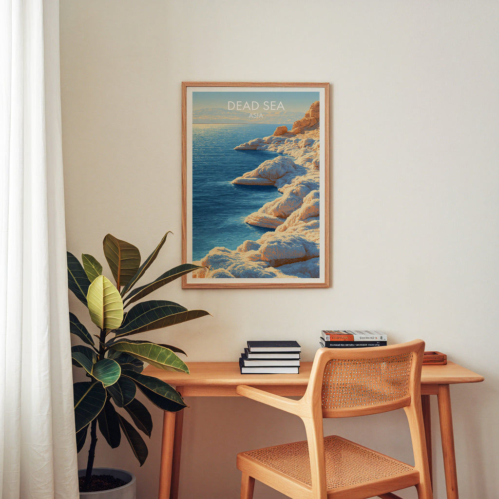 Dead Sea Middle East wall art above a wooden home office desk with a rattan chair and books