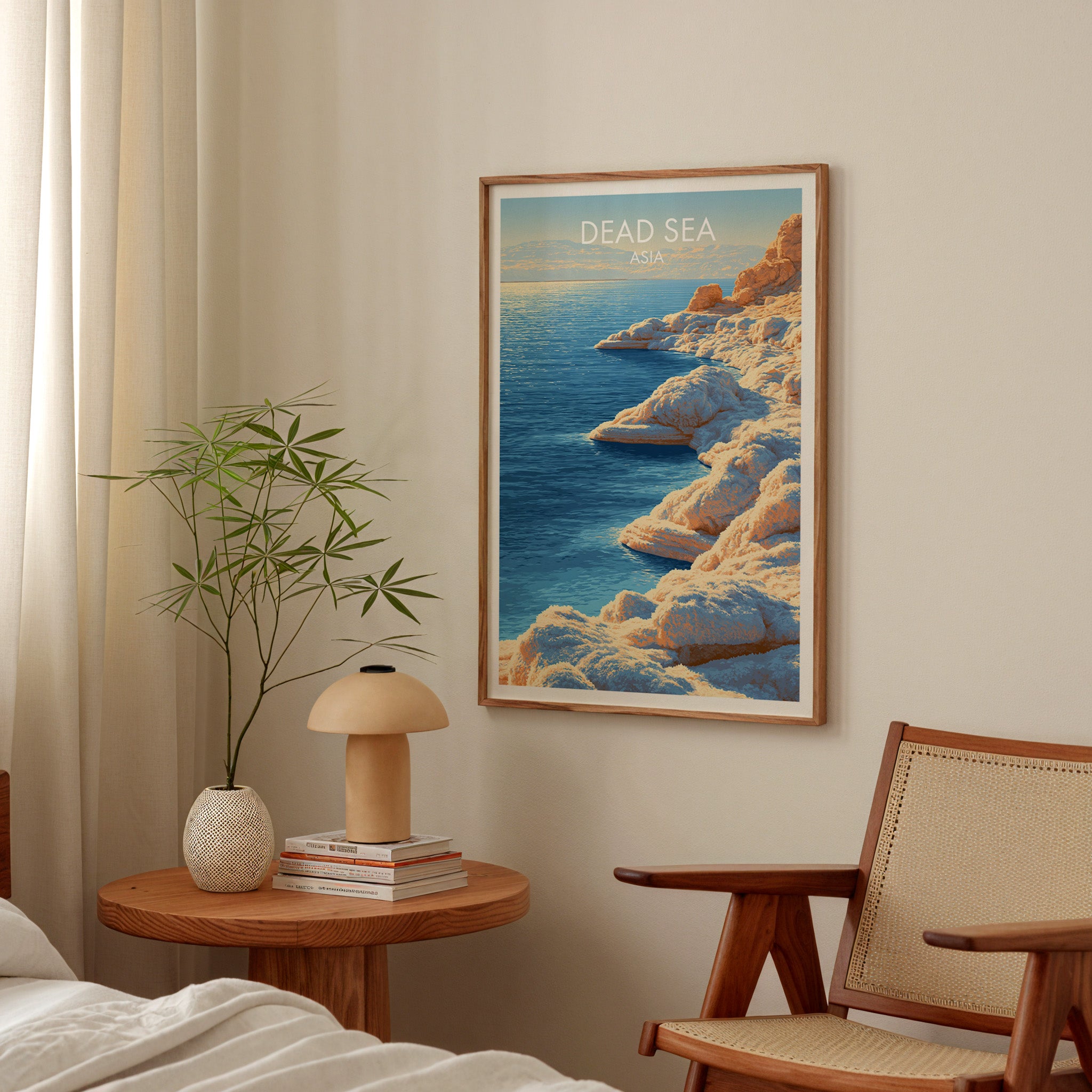 Dead Sea Middle East poster above a bedroom nightstand with a bamboo plant and mushroom lamp
