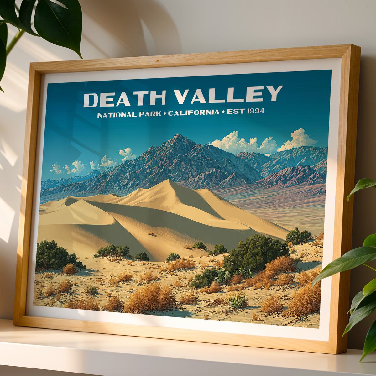 Death Valley National Park wall art print in a light oak frame, leaning on a white shelf in warm sunlight beside a monstera plant