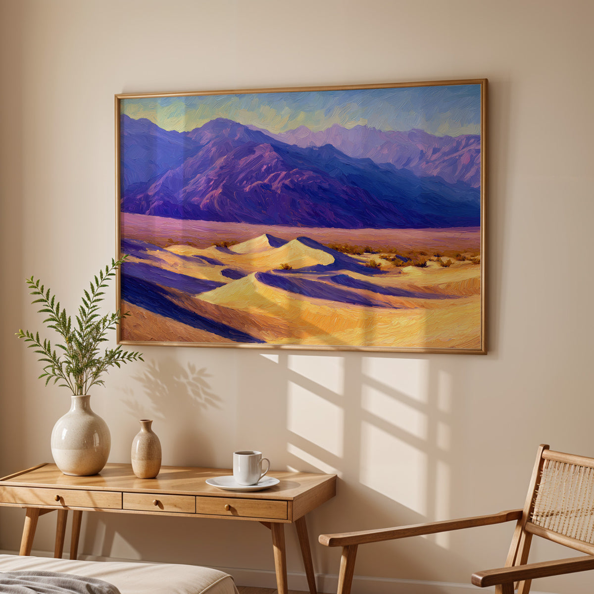 Death Valley National Park canvas print in a dark walnut frame above a cream sofa
