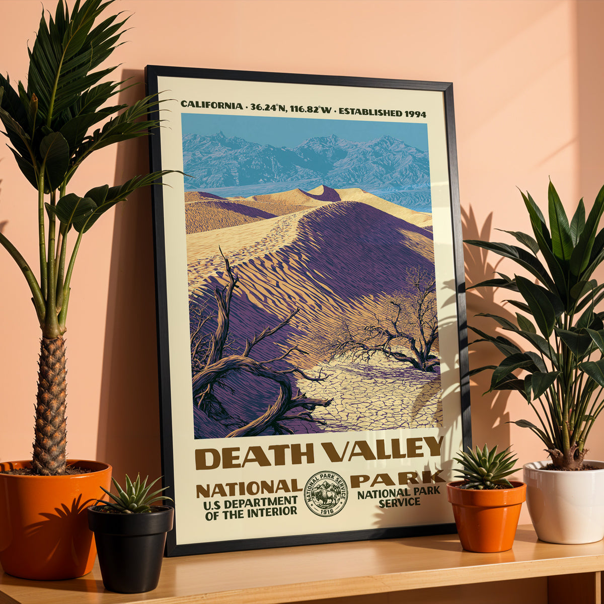 Death Valley National Park WPA print in a black frame on a shelf against a warm terracotta wall