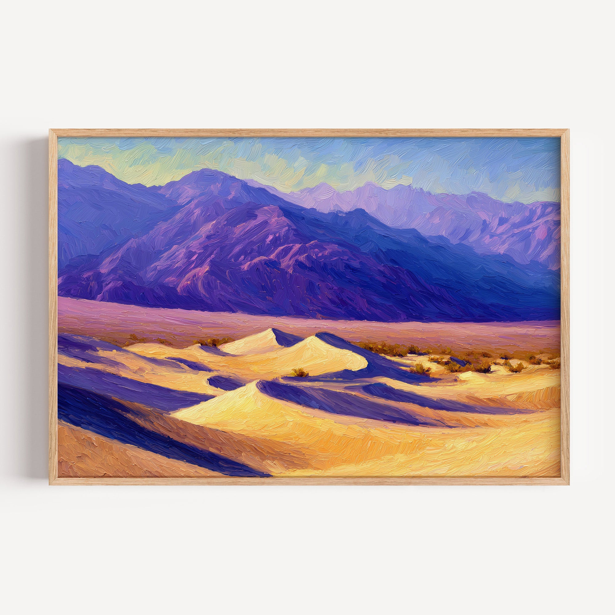 Death Valley National Park oil painting print in a light oak frame: golden dunes below violet mountains
