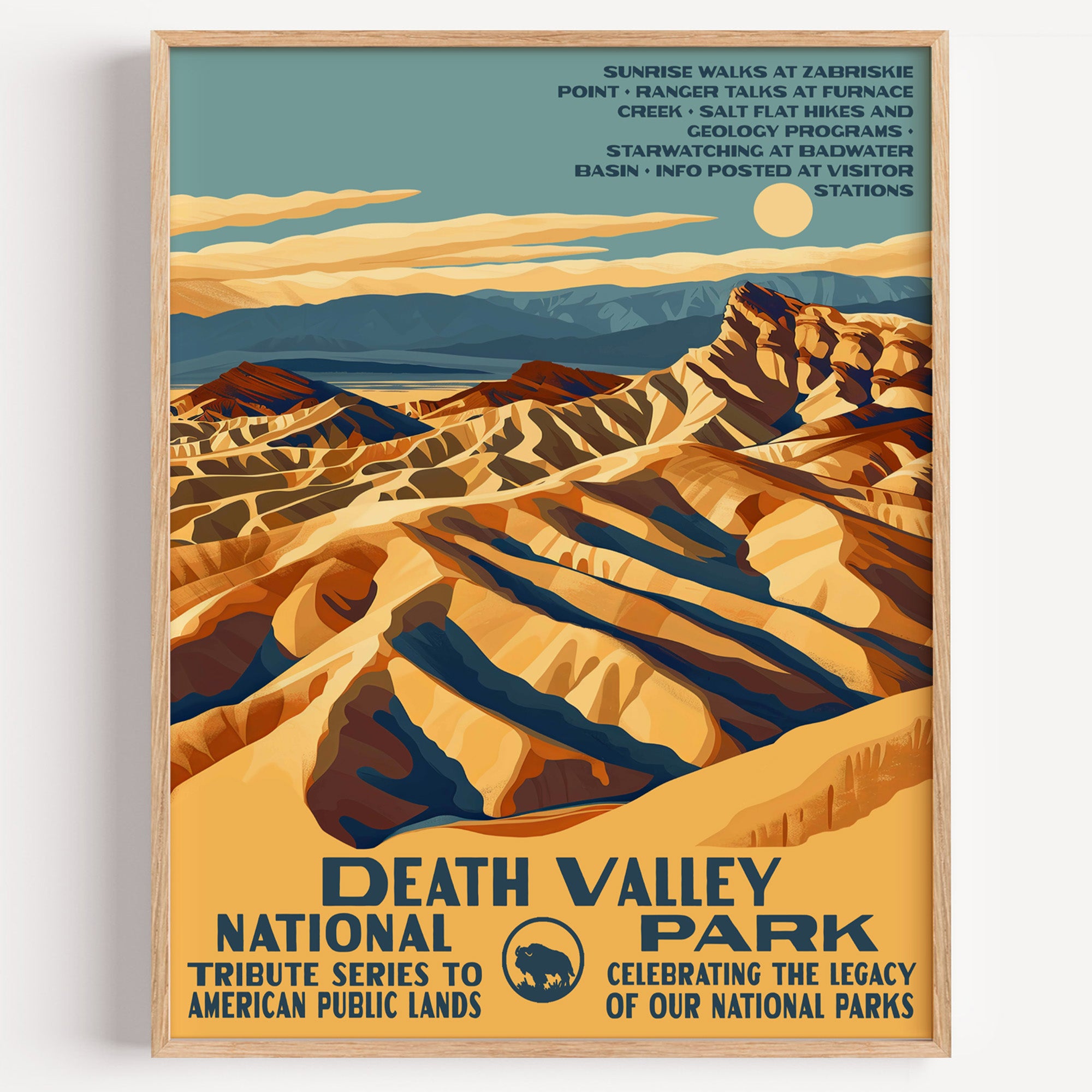 Death Valley National Park wall art print in a thin wood frame, rippled golden badlands under a low rising sun