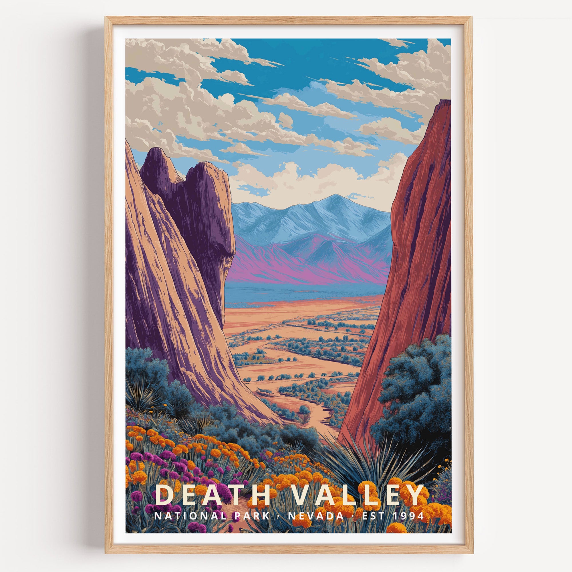 Death Valley National Park retro travel poster — violet canyon walls opening onto a salt basin and distant snow-capped range, California