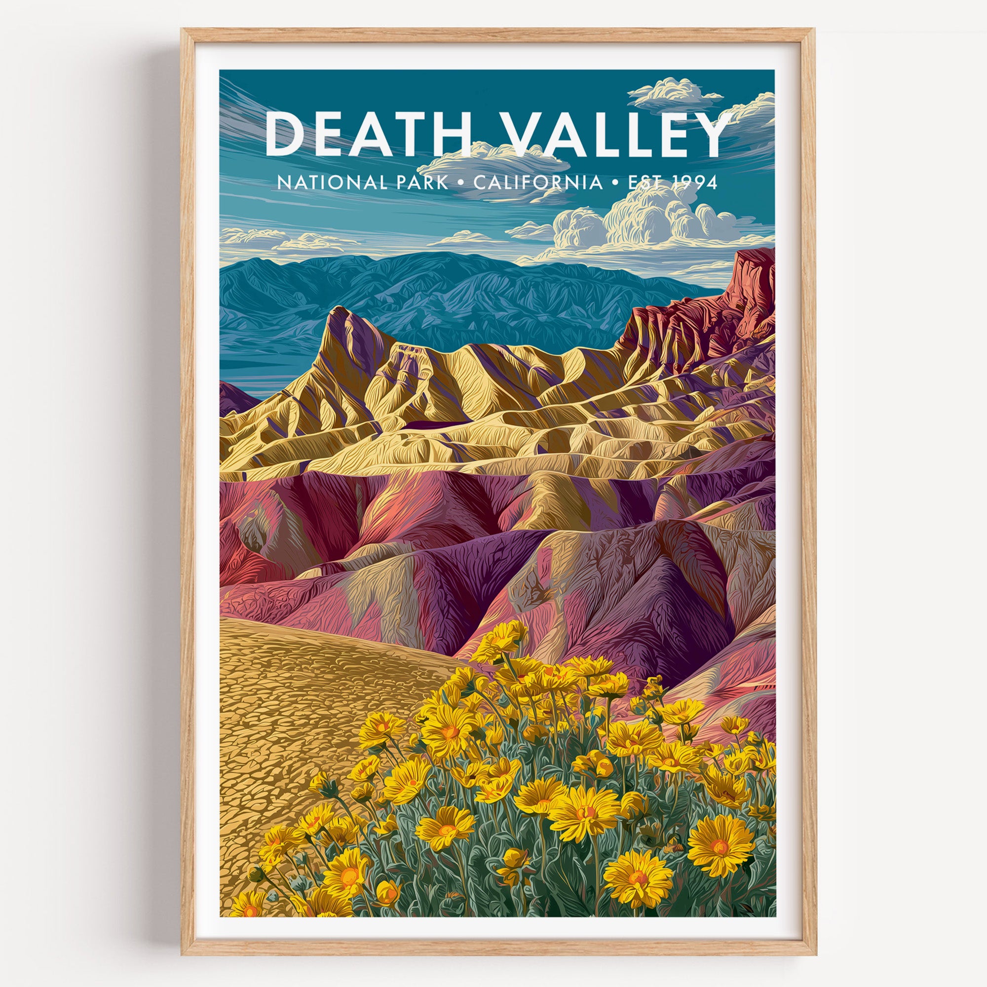 Death Valley National Park mid-century modern art print — pastel badlands folding away in bands of cream, rose and pale green