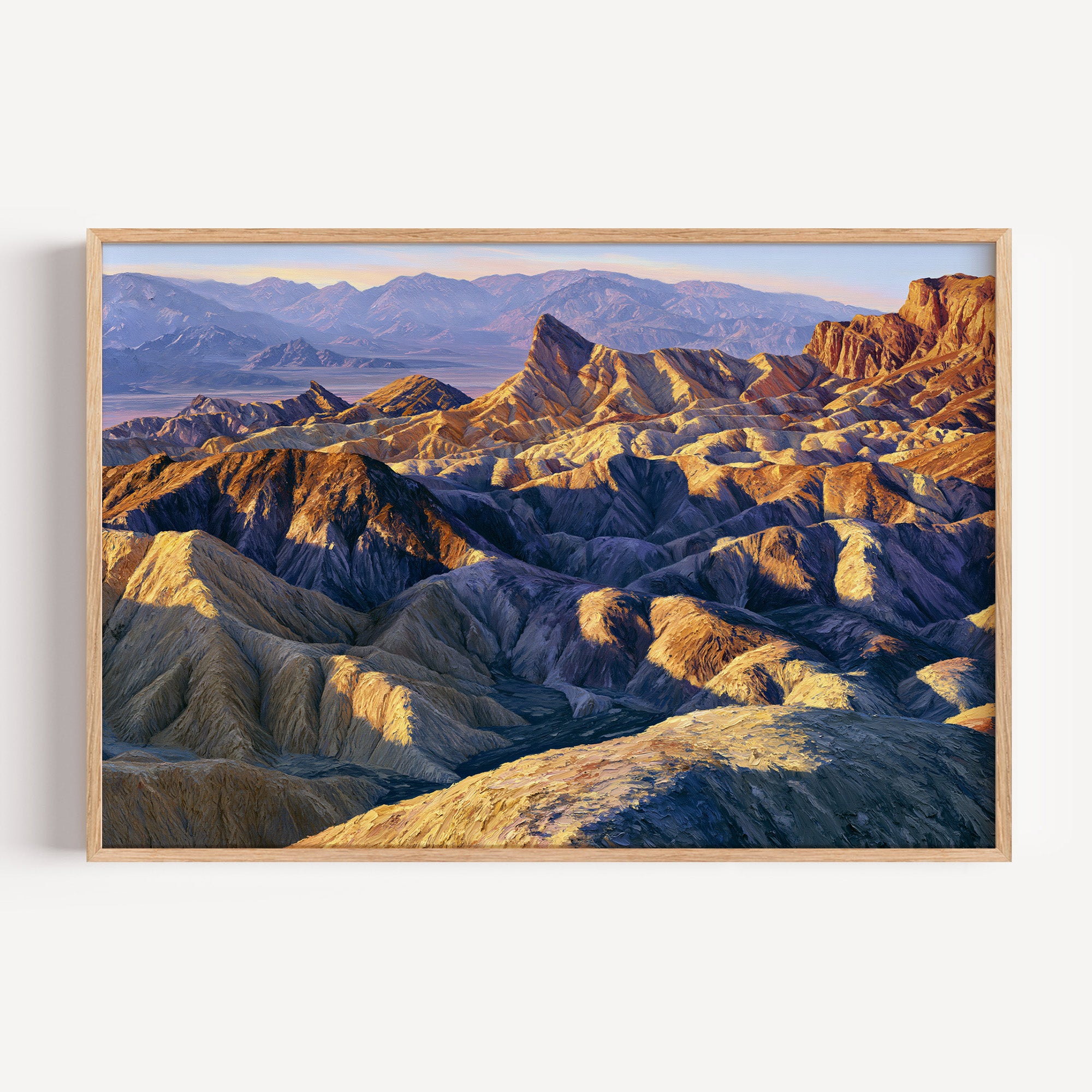 Death Valley National Park classical oil painting print in an oak frame: golden badlands at sunrise