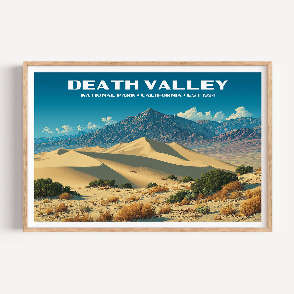 Rippled Mesquite Flat sand dunes below the blue Panamint mountains — Death Valley National Park vintage WPA travel poster print