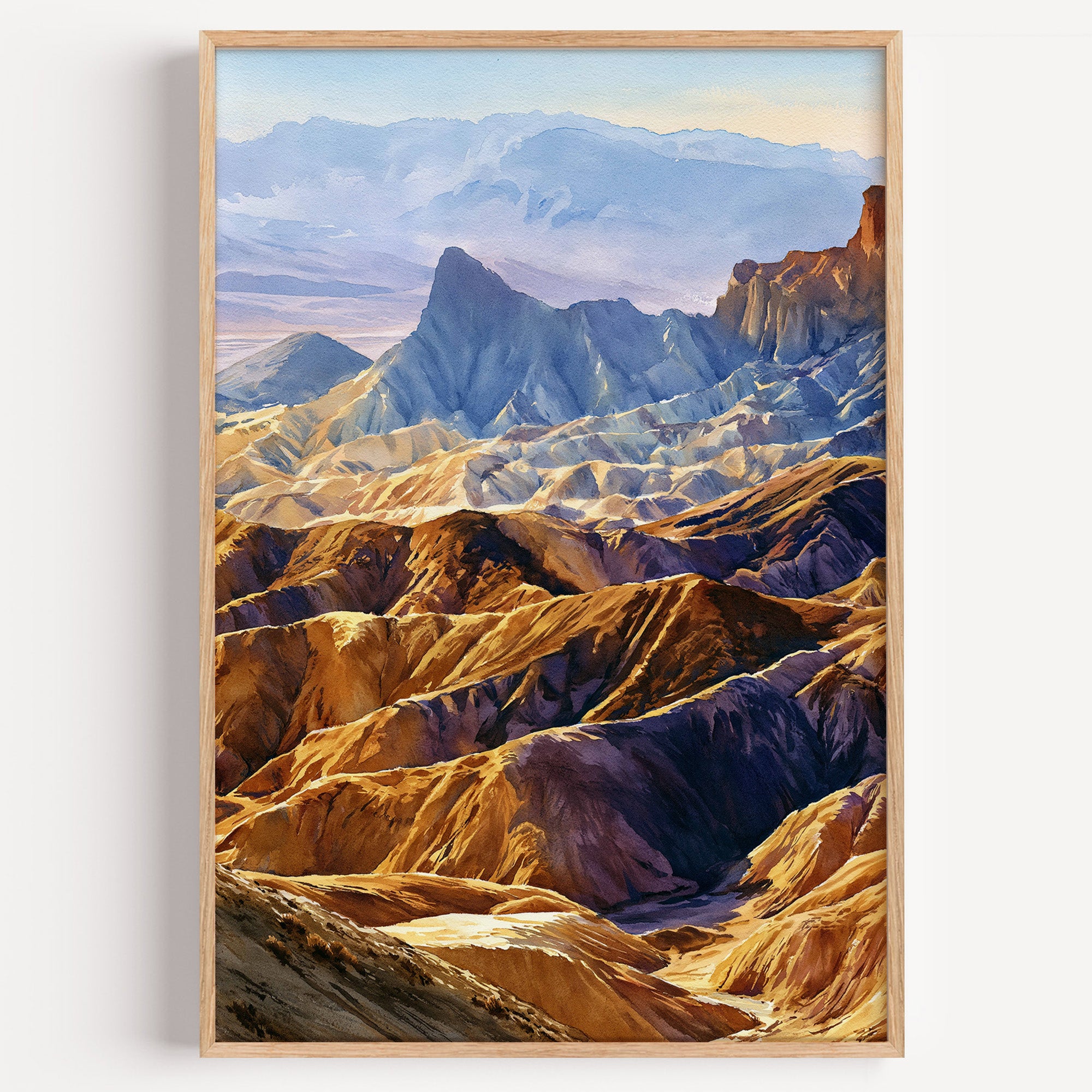 Death Valley National Park watercolor art print: gold and violet Zabriskie Point badlands below the Panamint Range