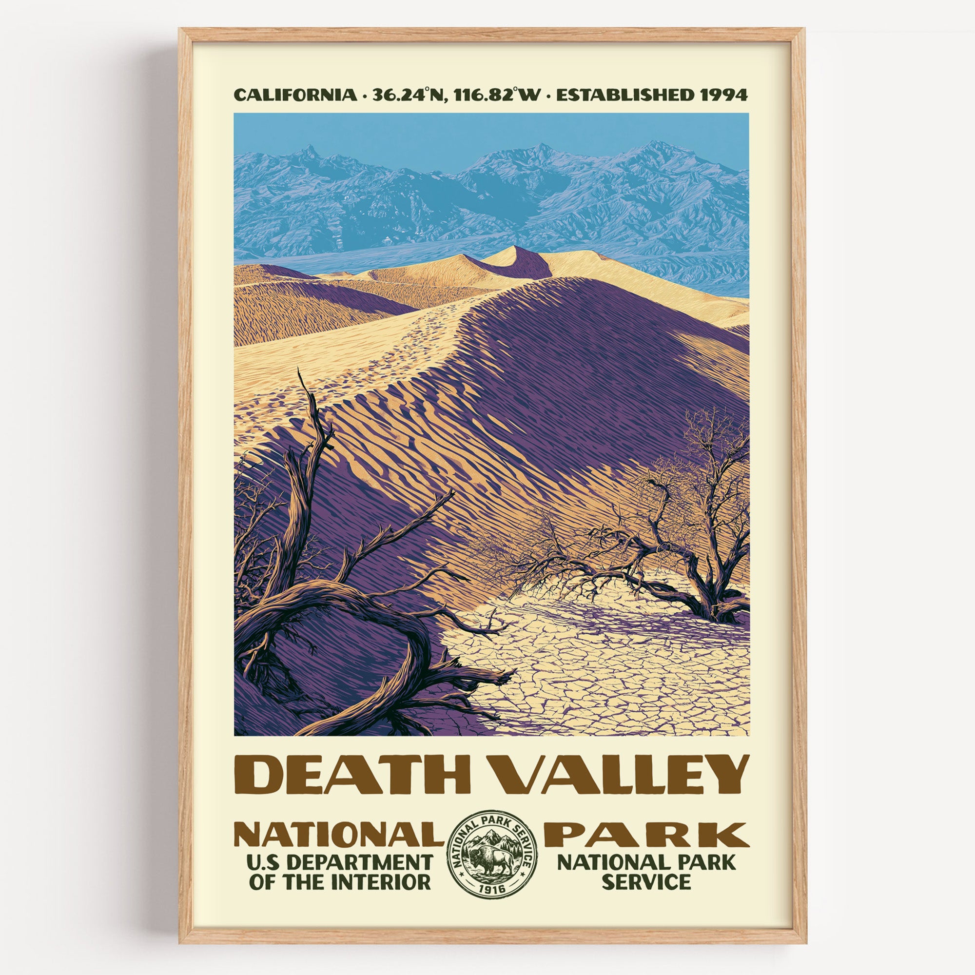 Death Valley National Park vintage WPA poster in a wood frame, Mesquite Flat dunes under a violet desert dusk
