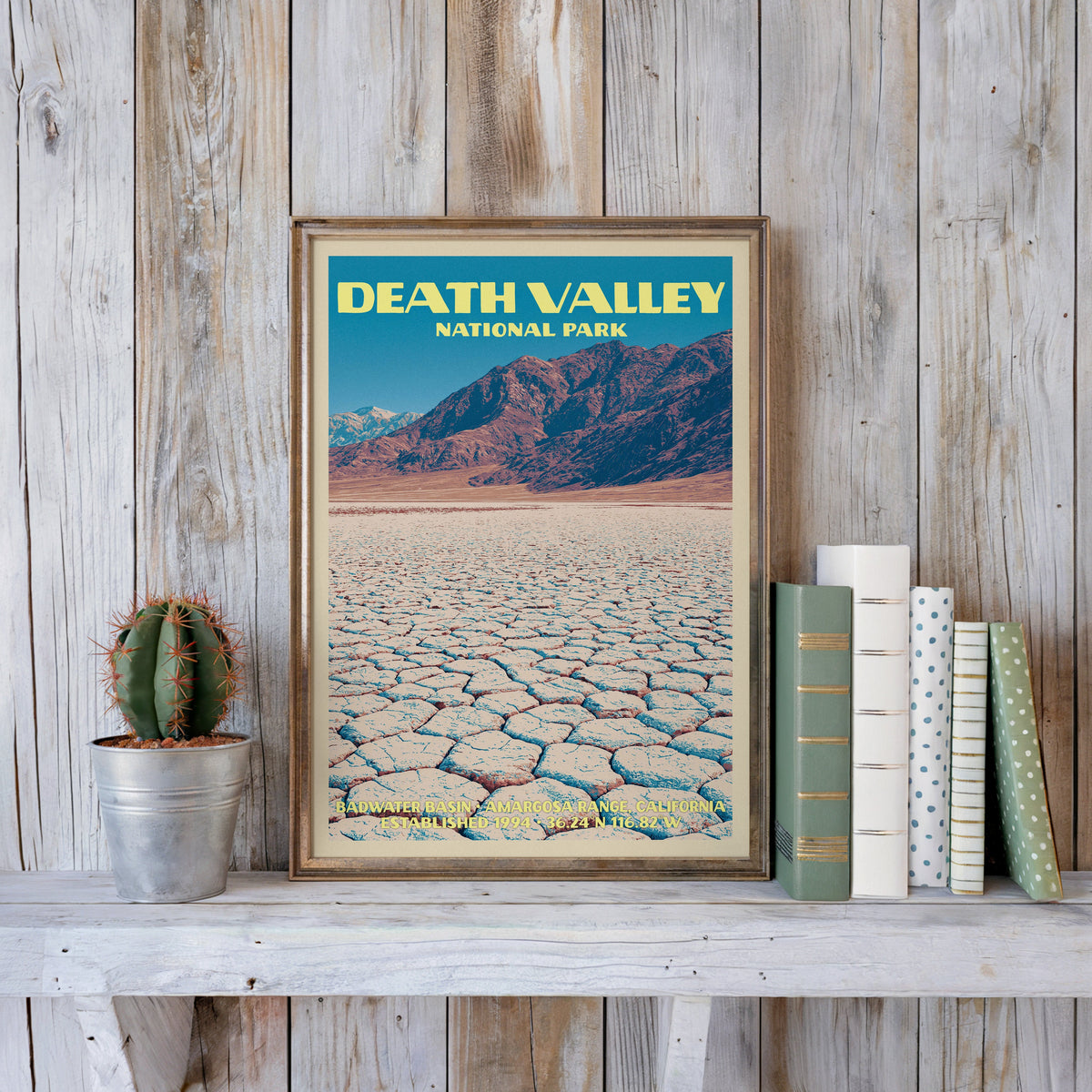 Death Valley vintage poster in a slim gold frame on a whitewashed plank wall beside a cactus and pastel books