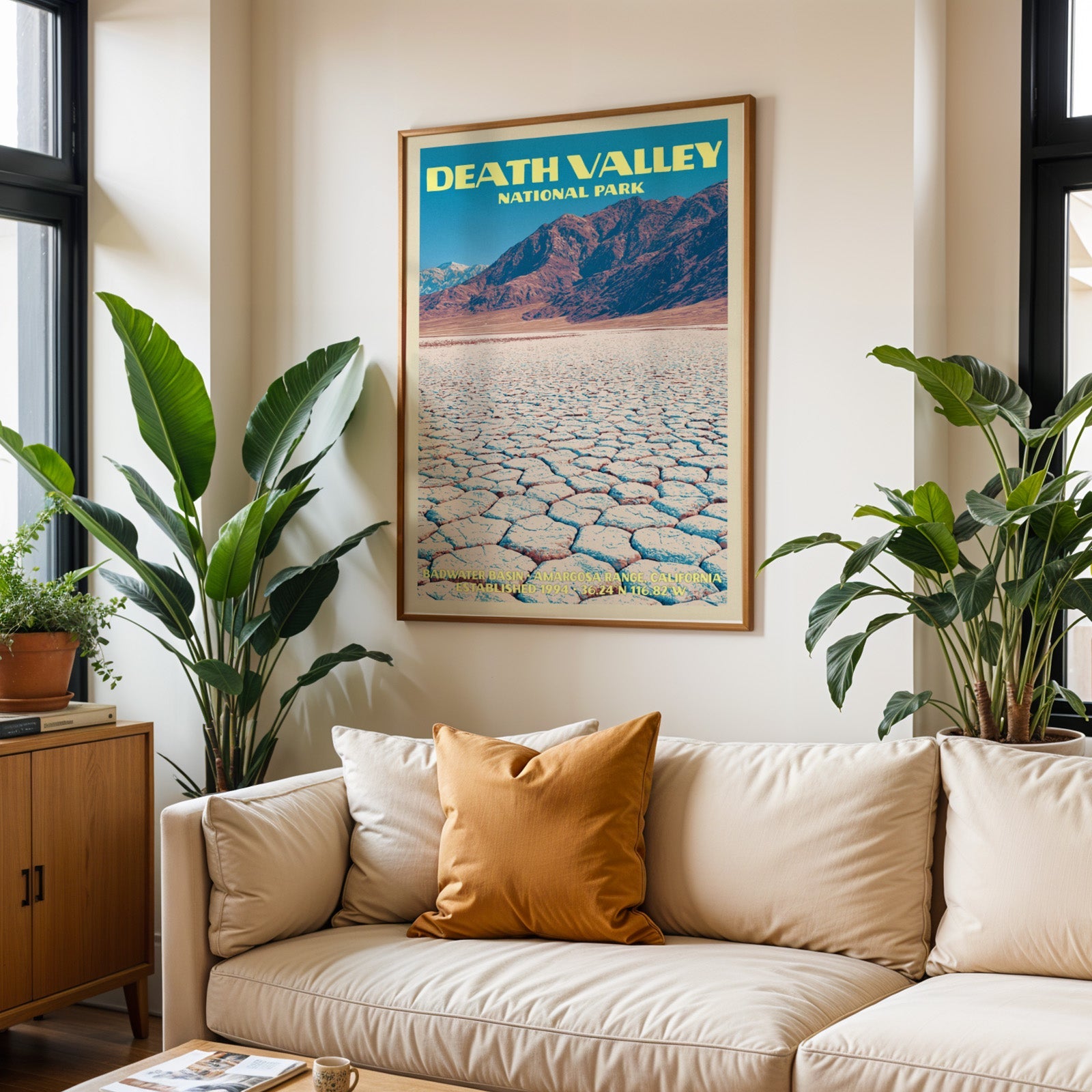 Death Valley vintage travel print in oak above a cream sofa with a rust cushion and tall houseplants