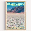 Badwater Basin Death Valley vintage poster in a light oak frame on a plain white wall