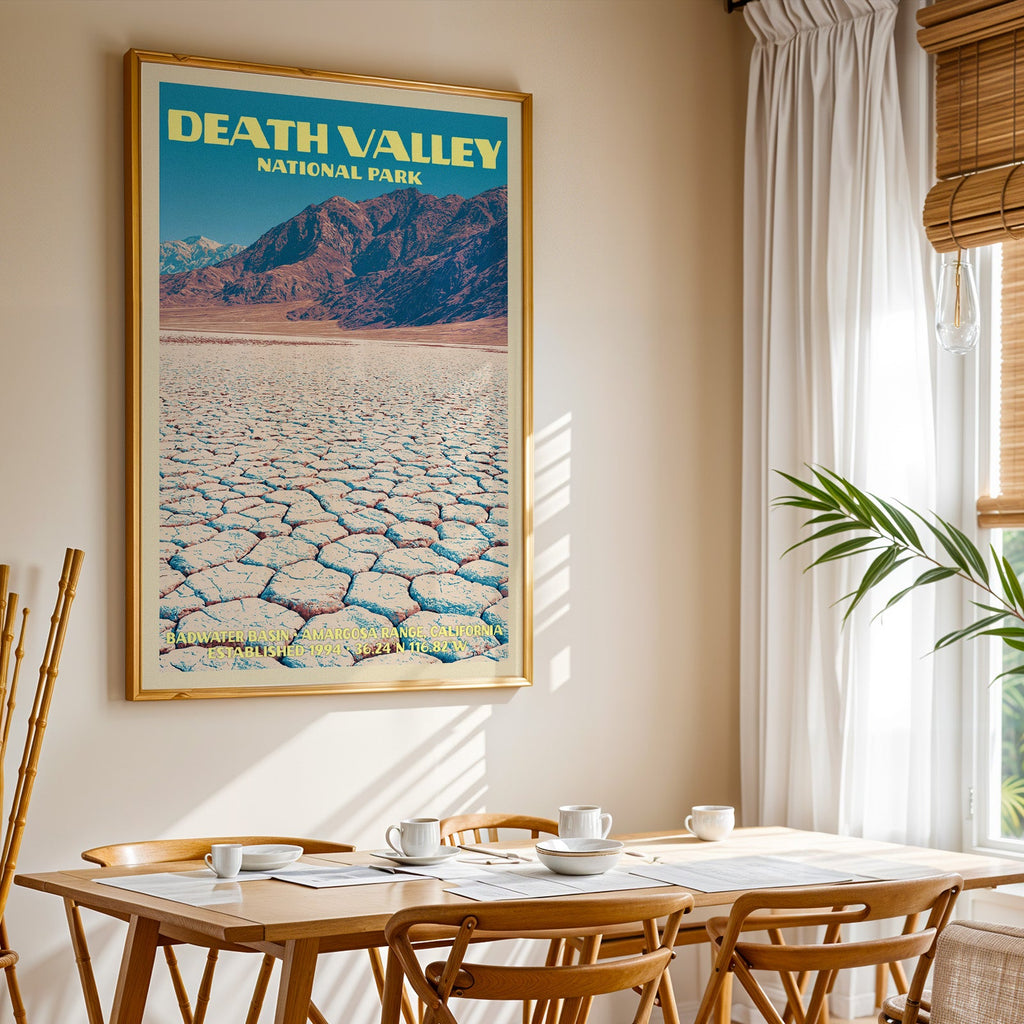 Death Valley National Park print in gold above a light oak dining table by a curtained window