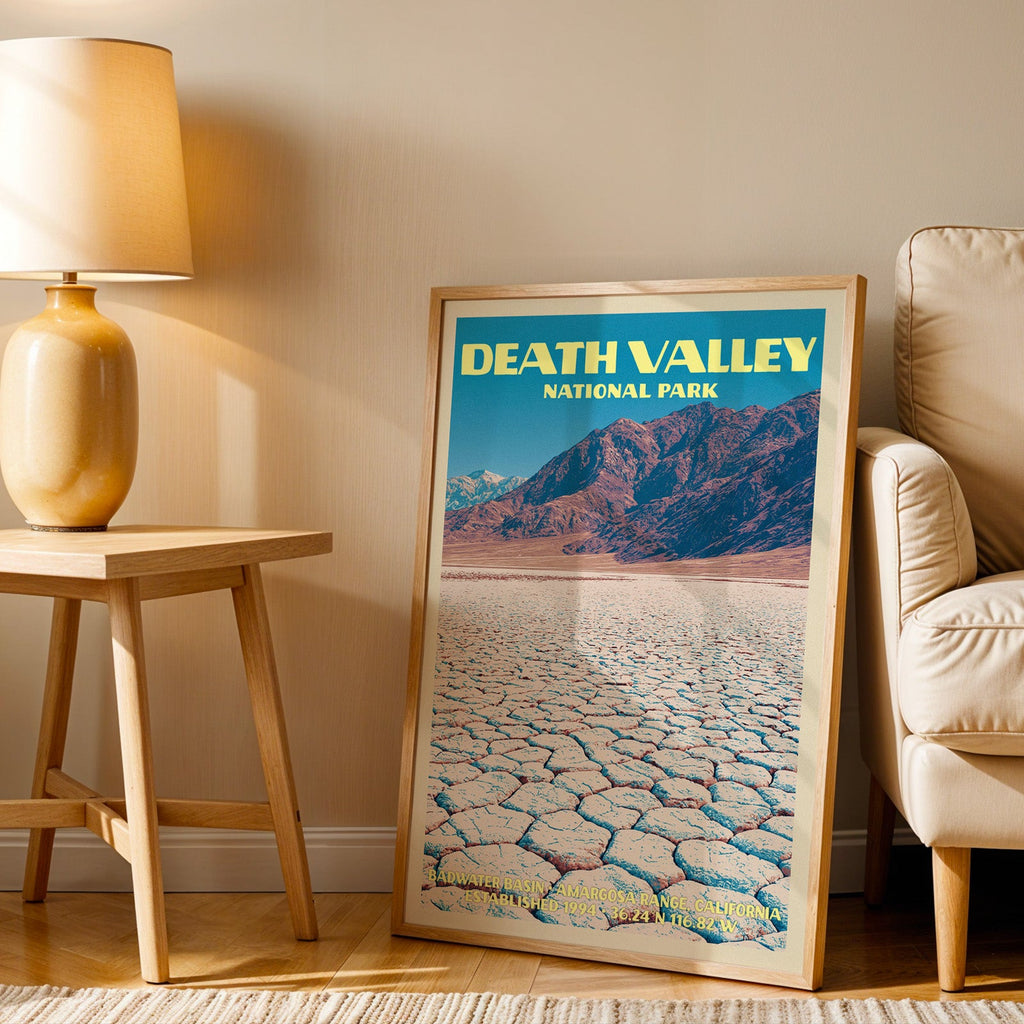 Death Valley Badwater Basin wall art in oak, leaning by an armchair and a side table with an ochre lamp
