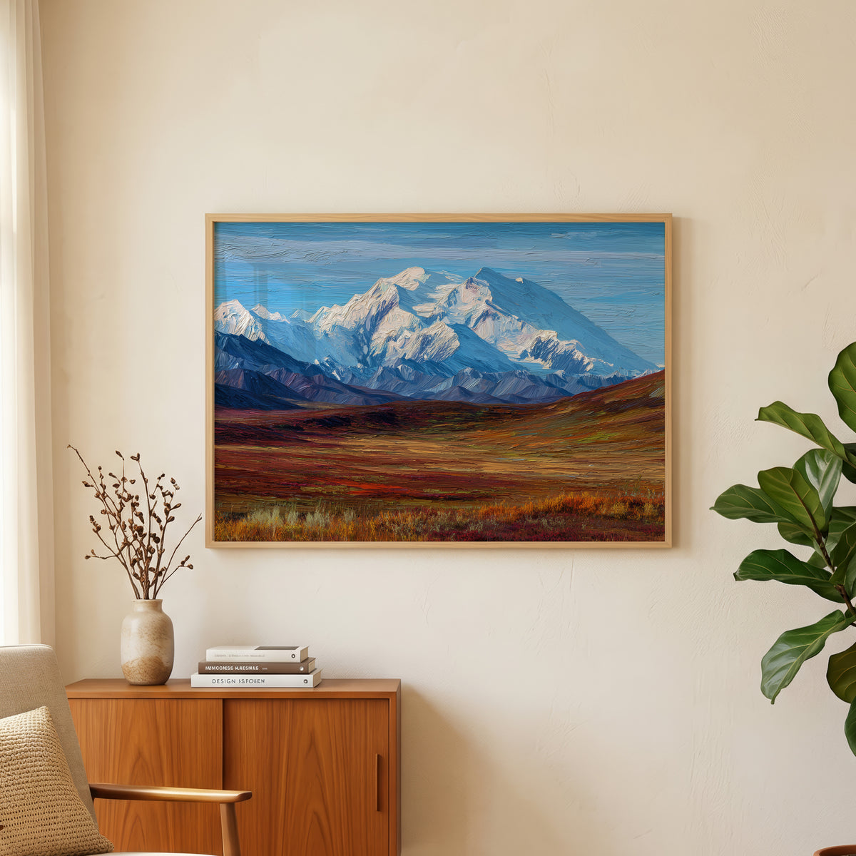 Denali National Park oil painting wall art above an oak and rattan sideboard with a lamp