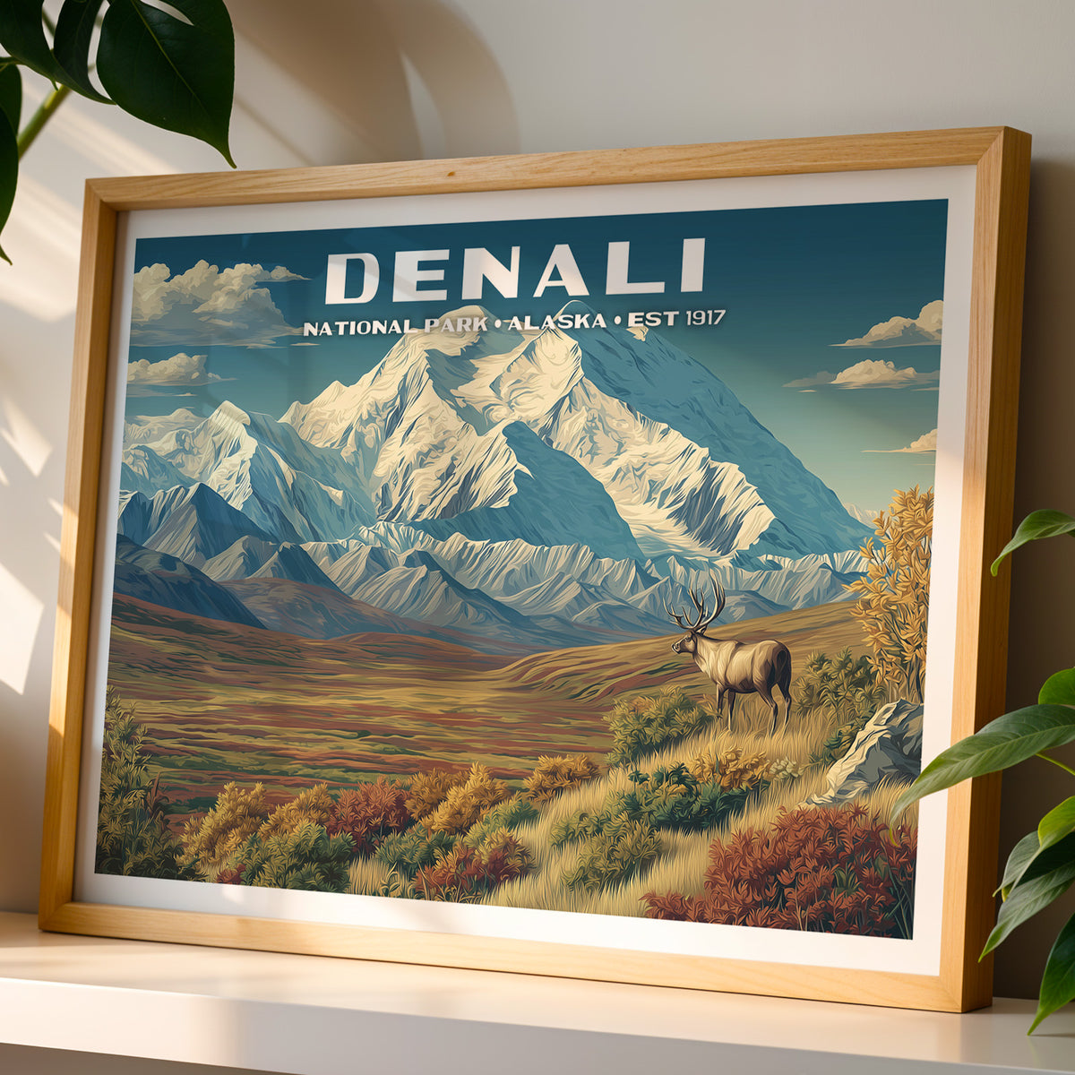 Denali National Park wall art print in a light oak frame, leaning on a white shelf in warm sunlight beside a monstera plant