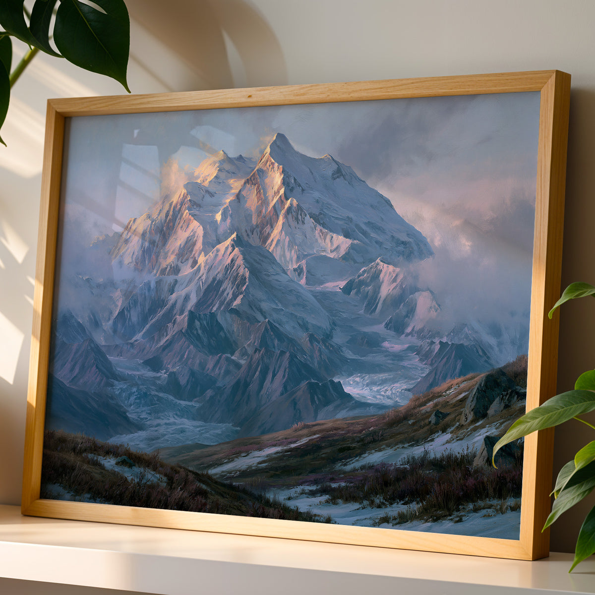 Close-up of the Denali classical oil painting print in a wood frame in warm sunlight