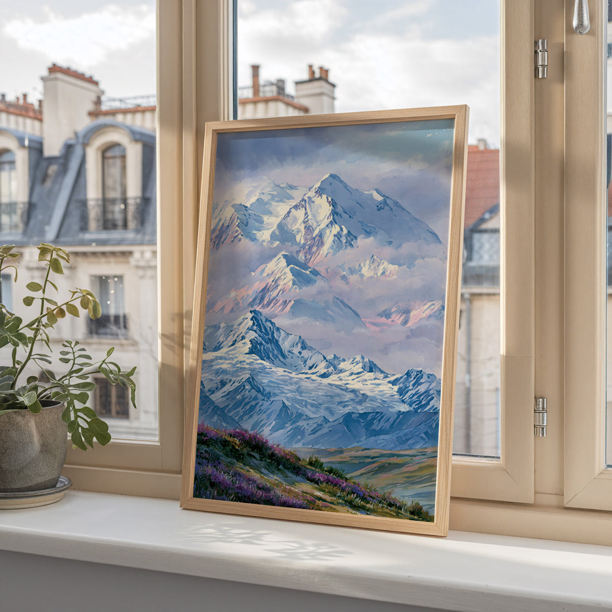 Denali National Park watercolor art print in a wood frame on a windowsill overlooking city rooftops